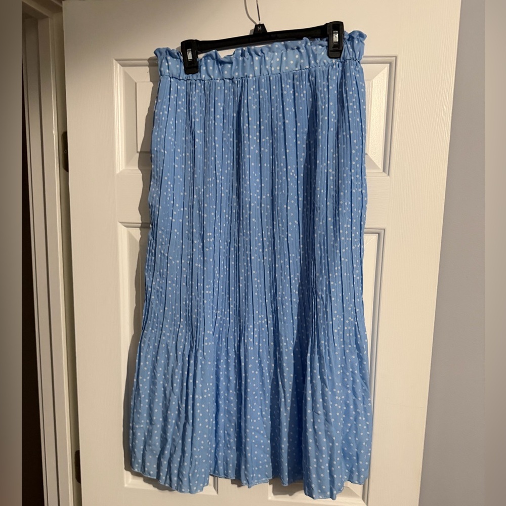 Blue Pleated Polka Dot Maxi Skirt